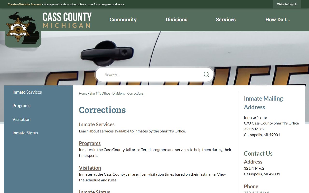 Cass County corrections page for inmate status and jail records