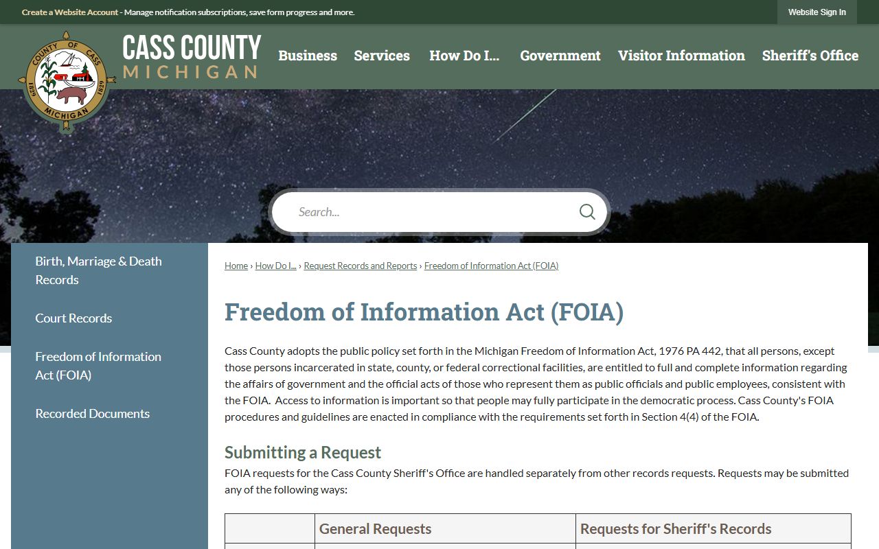 Cass County FOIA page with Sheriff's Office records request instructions