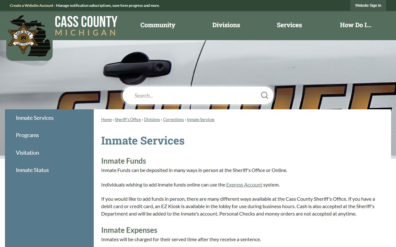 Cass County Jail inmate services page for funds bond and fees