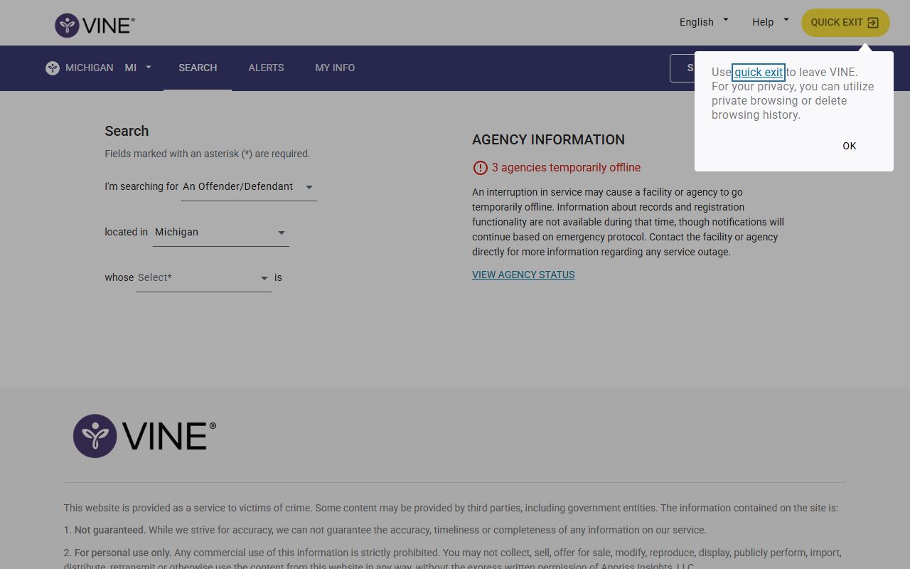 Michigan VINE person search page for custody status lookup